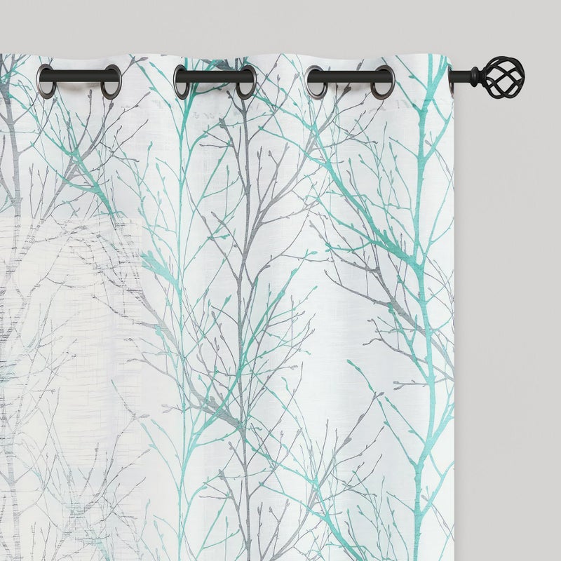 FMFUNCTEX Linen Semi Sheer Curtains for Bedroom, Auqa Blue White Curtains 96 Inches Long for Living Room, Grey Tree Branch Patterned Curtain Light Filtering Window Drapes, Grommet Top 2 Panels - Image 1